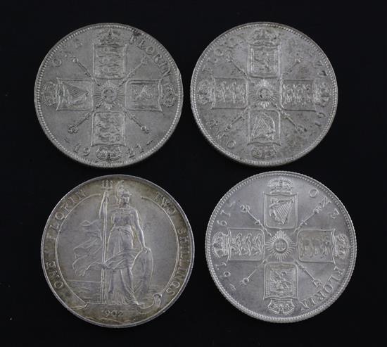 Four British florins - Edward VII to George V,